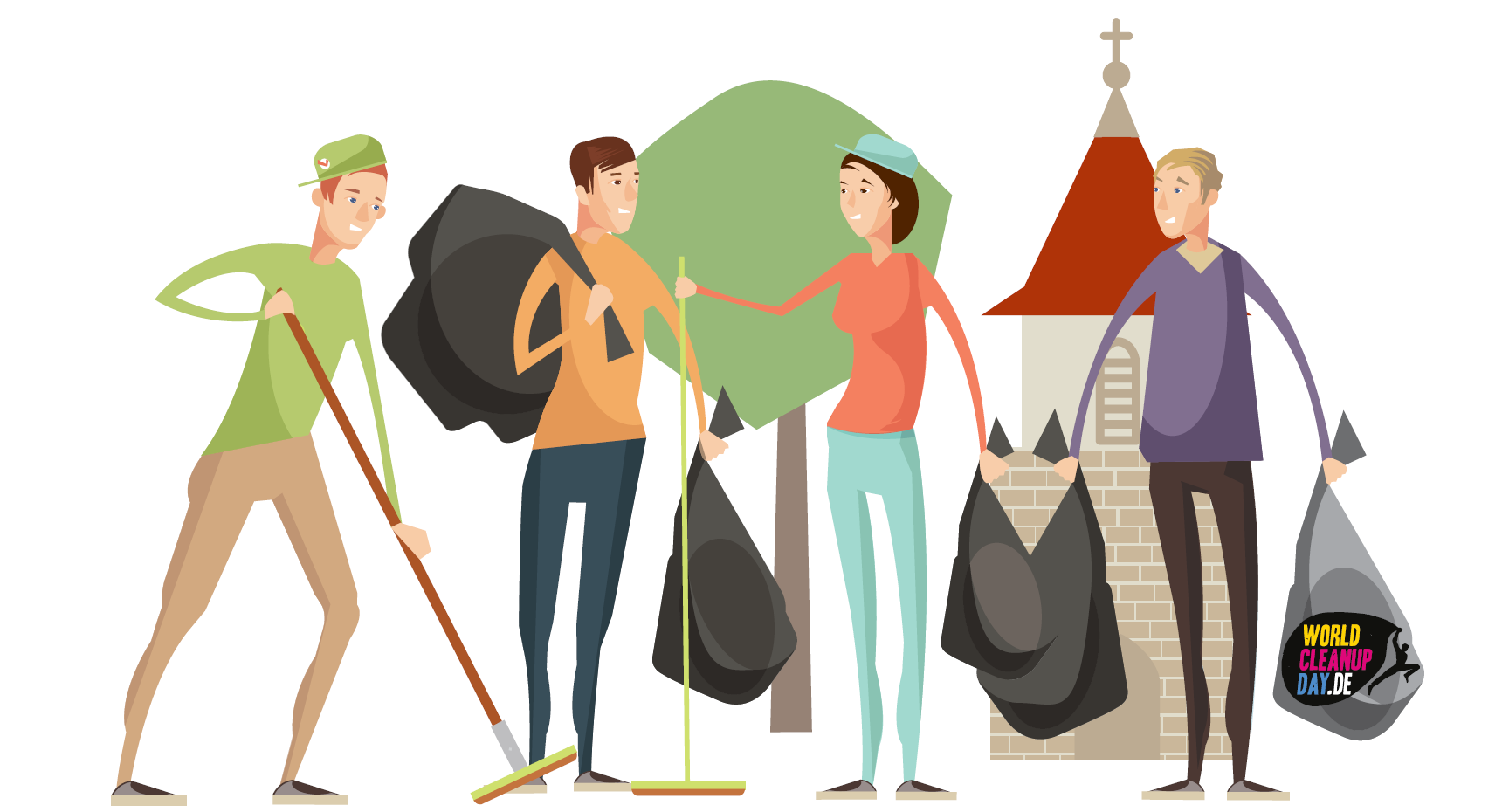 Illustration von vier Freiwilligen beim Müllsammeln im Freien. Sie tragen Müllsäcke und Reinigungswerkzeuge, im Hintergrund sind ein Baum und eine Kirche zu sehen. Auf einem Müllsack befindet sich das Logo „World Cleanup Day“.
